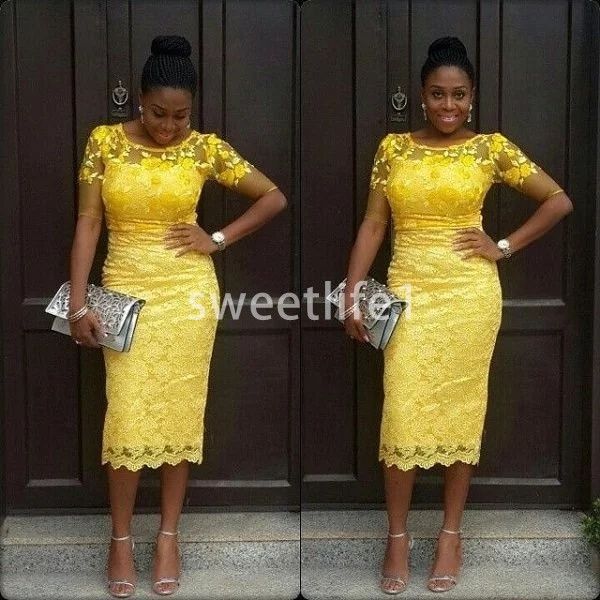2020 new yellow tea length cocktail dresses short sleeve full lace sheath crew neck south africa style prom party gown custom made sale, Black 
2020 new yellow tea length cocktail dresses short sleeve full lace sheath crew neck south africa style prom party gown custom made sale, Black