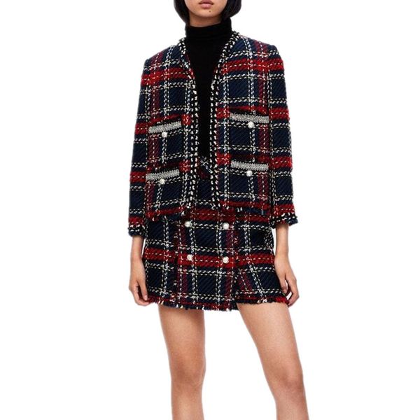 women vintage checkered bejewelled tweed jacket coat+mini skirt suit 2 piece set ladies pearls button frayed tassels wool suit, White
women vintage checkered bejewelled tweed jacket coat+mini skirt suit 2 piece set ladies pearls button frayed tassels wool suit, White
