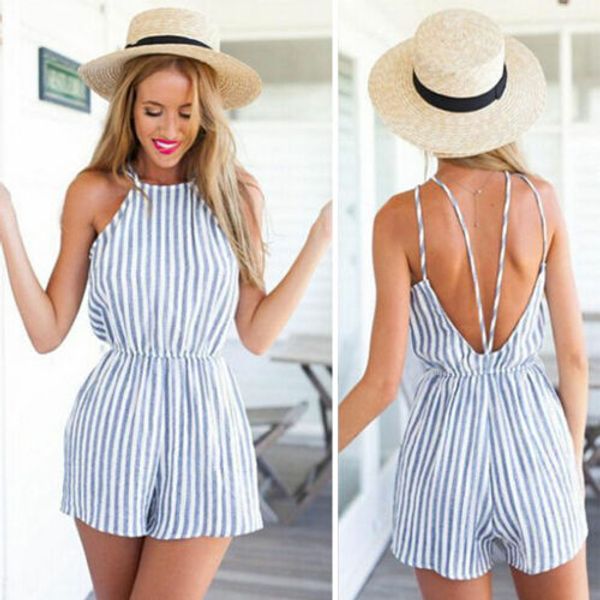 fashion womens ladies stylish striped printing summer strappy halter neck backless casual short jumpsuits rompers beachwear, Black;white
fashion womens ladies stylish striped printing summer strappy halter neck backless casual short jumpsuits rompers beachwear, Black;white