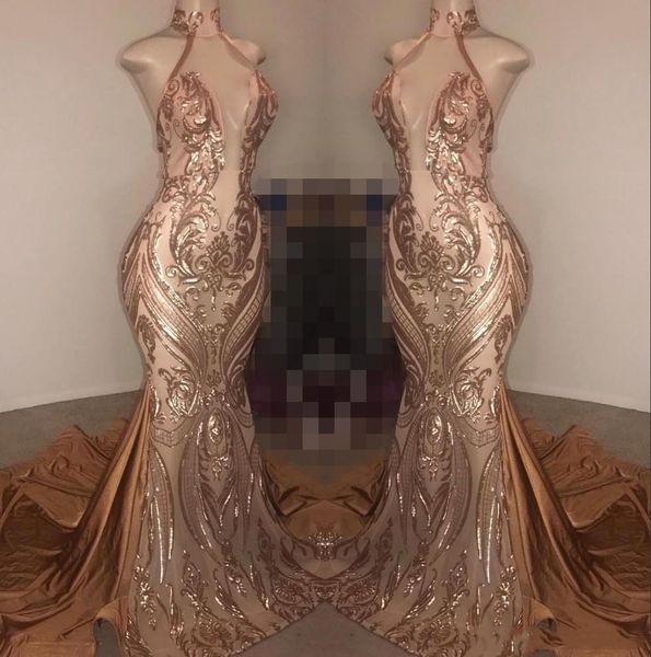 elegant halter neck champagne sequins mermaid prom dresses long 2019 real images ruched sweep train formal party evening gowns, Black 
elegant halter neck champagne sequins mermaid prom dresses long 2019 real images ruched sweep train formal party evening gowns, Black