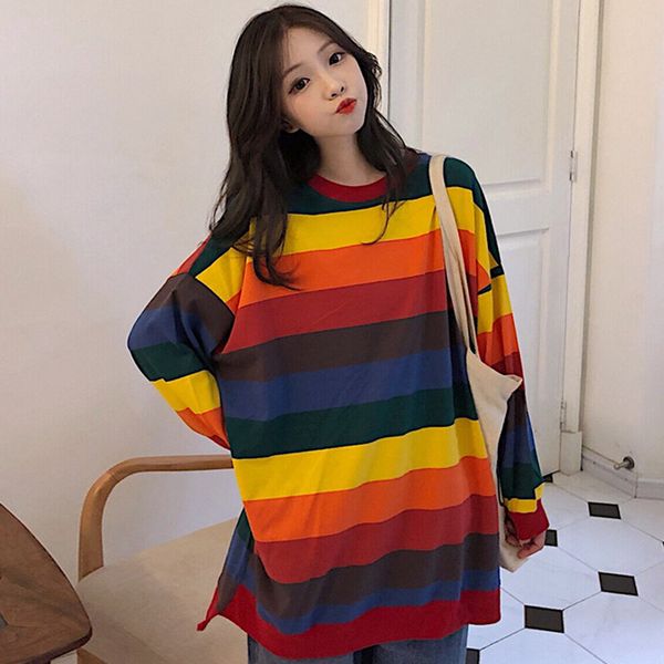 women clothes 2019 casual streetwear sweatshirts woman pullover pull femme lazy wind long round neck rainbow striped, White
women clothes 2019 casual streetwear sweatshirts woman pullover pull femme lazy wind long round neck rainbow striped, White