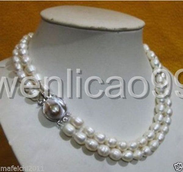 

2 row 9-10mm akoya real white baroque pearl necklace, Silver