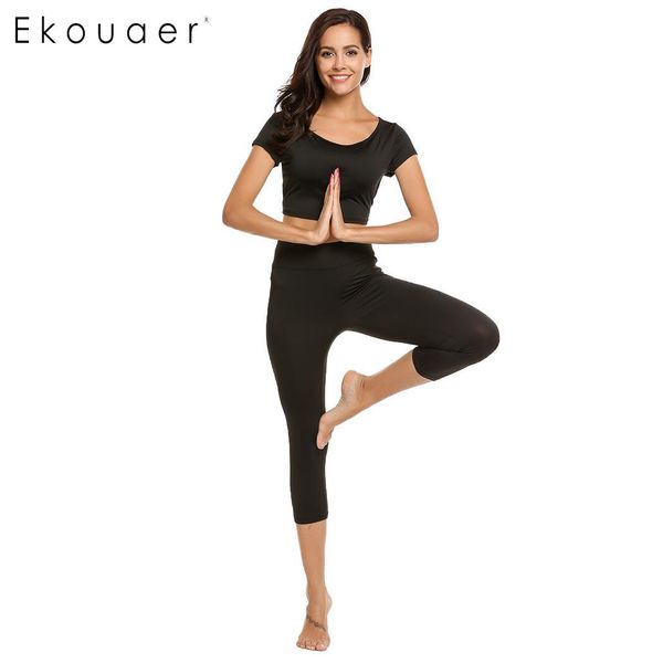 women summer pullover yoga sleeve with length patchwork solid pants crop padded sets short spring sport yoga calf, White;black
women summer pullover yoga sleeve with length patchwork solid pants crop padded sets short spring sport yoga calf, White;black