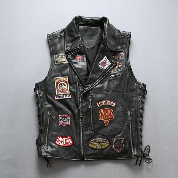2019 men's cowhide rider vest brand designer vintage soft genuine leather large size vest sleeveless bomber jacket, Black;white
2019 men's cowhide rider vest brand designer vintage soft genuine leather large size vest sleeveless bomber jacket, Black;white