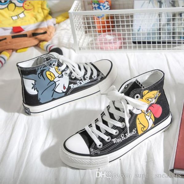 2020 japanese style anime high shoes tom and jerry canvas shoes men women student graffiti canvas shoes 2019 cute cartoon casual sneakers, Black