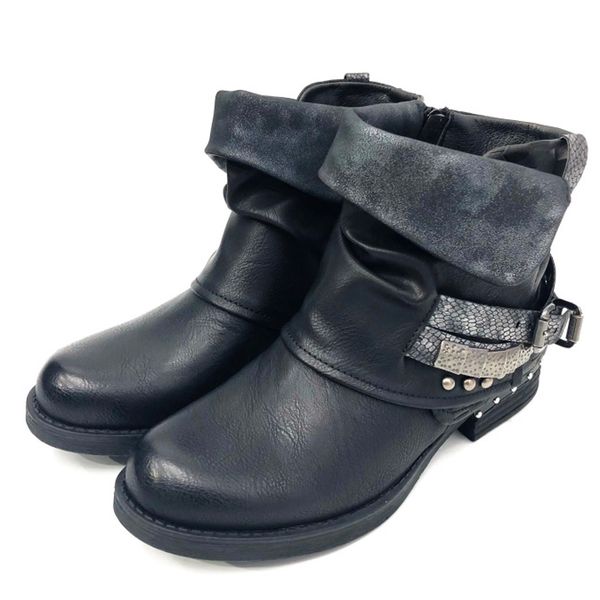 

cowboy boots for women's buckle strap flats ankle boots warm round toe high-heeled rivets casual shoes botas mujer invierno 2019, Black