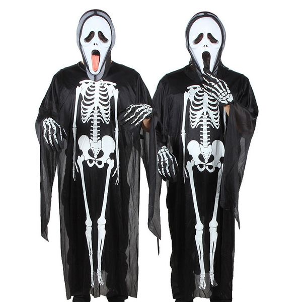 

halloween skull skeleton costume demon ghost cosplay costumes adults children kids carnival masquerade dress robes scary mask, Black;red