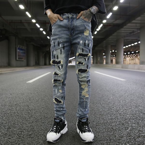 mens jeans brand europe and the united states high street style hole patch brick sequin stretch slim men skinny jeans pants, Blue
mens jeans brand europe and the united states high street style hole patch brick sequin stretch slim men skinny jeans pants, Blue