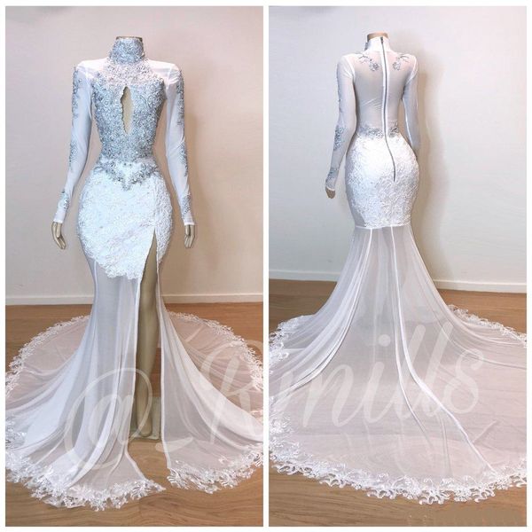 2019 White High Neck Lace Mermaid Prom Dresses Long Sleeves Lace Applique Beaded Split Sweep Train Formal Party Wear Evening Dress
2019 White High Neck Lace Mermaid Prom Dresses Long Sleeves Lace Applique Beaded Split Sweep Train Formal Party Wear Evening Dress