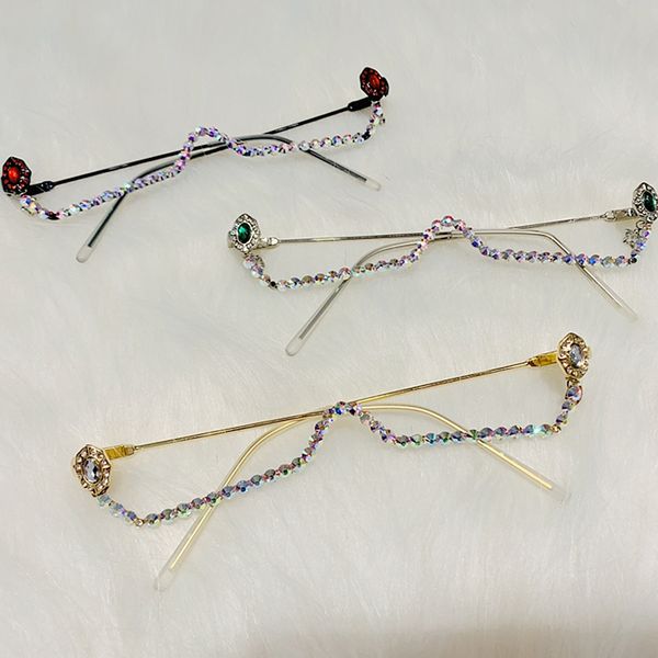 new fashion eyeglasses alloy frame for women green and red gem lensless chain pendant half frame diamond glasses, White;black
new fashion eyeglasses alloy frame for women green and red gem lensless chain pendant half frame diamond glasses, White;black