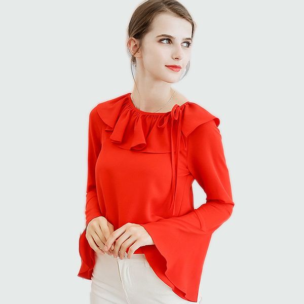 women 2018 loose solid color long-sleeved shirt red flare sleeve sweet female lotus leaf chiffon blouse db2630, White
women 2018 loose solid color long-sleeved shirt red flare sleeve sweet female lotus leaf chiffon blouse db2630, White