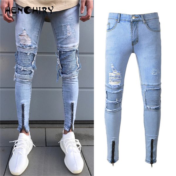 men's slim fit straight straight shabby distressed pleated knee patch denim trousers high street zipper hip hop stretch jeans, Blue
men's slim fit straight straight shabby distressed pleated knee patch denim trousers high street zipper hip hop stretch jeans, Blue