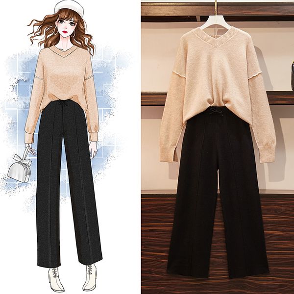 plus size knitted tracksuit 2 piece set autumn women vintage v-neck pullover + black pants two piece set knit trousers suit, White
plus size knitted tracksuit 2 piece set autumn women vintage v-neck pullover + black pants two piece set knit trousers suit, White