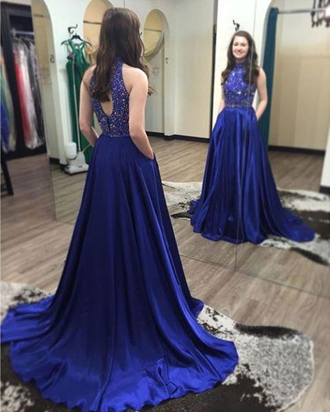 a-line high neck royal blue long prom dresses with keyhole back floor length prom gowns with beaded bodice custom pageant dresses, Black
a-line high neck royal blue long prom dresses with keyhole back floor length prom gowns with beaded bodice custom pageant dresses, Black