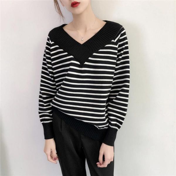 loose women knit sweater fashion stripes base shirt long sleeves, White;black
loose women knit sweater fashion stripes base shirt long sleeves, White;black