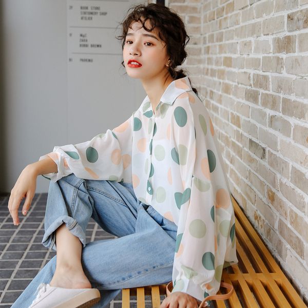summer ins sweet girl small fresh color big wave point lapel chiffon long sleeve shirt female sunscreen clothing wholesale, White 
summer ins sweet girl small fresh color big wave point lapel chiffon long sleeve shirt female sunscreen clothing wholesale, White