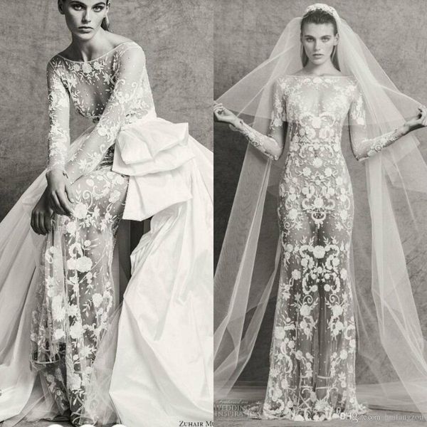 zuhair murad 2018 fall wedding dress illusion sheer bateau neckline lace applique bridal gowns with satin detachable train, White
zuhair murad 2018 fall wedding dress illusion sheer bateau neckline lace applique bridal gowns with satin detachable train, White