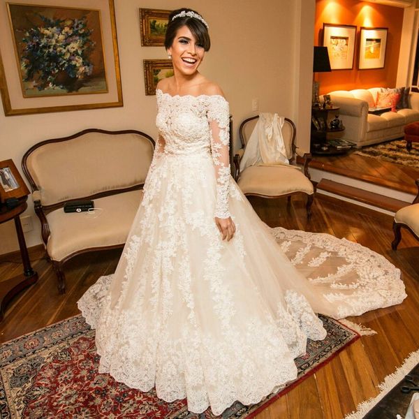 beaded lace wedding dresses off the shoulder neck a line long sleeves bridal gowns sweep train tulle robe de mariée, White
beaded lace wedding dresses off the shoulder neck a line long sleeves bridal gowns sweep train tulle robe de mariée, White