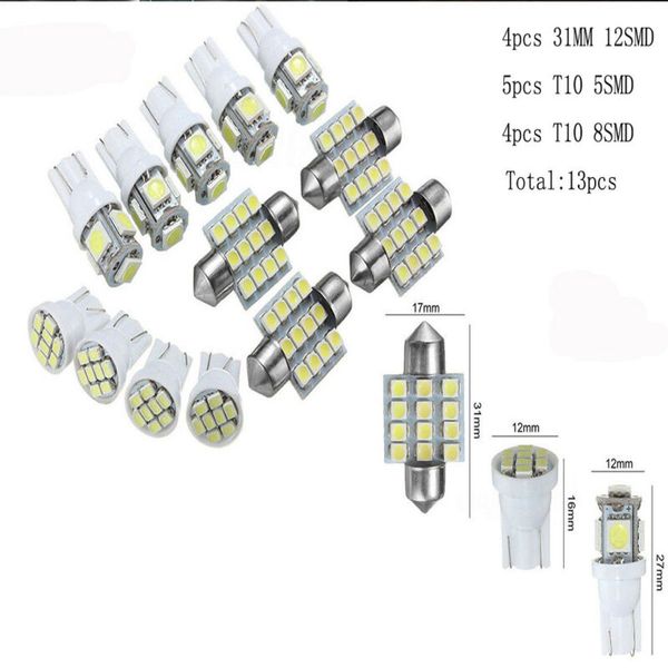 13pcs Car White Interior Led Lights Kit 31mm Festoon T10 5smd 8smd Kit Auto Bulb Kit Dome License Plate