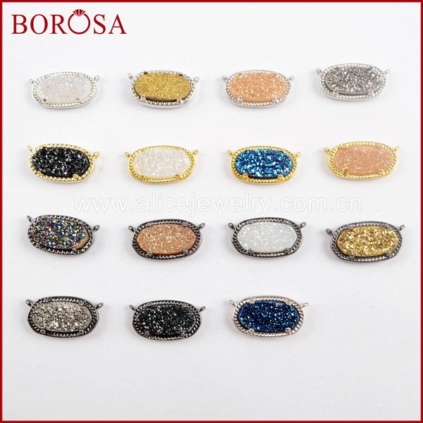 

borosa 10pcs oval rainbow titanium druzy connectors jewelry, gold/silver/black color drusy double charms for necklace diy wx999