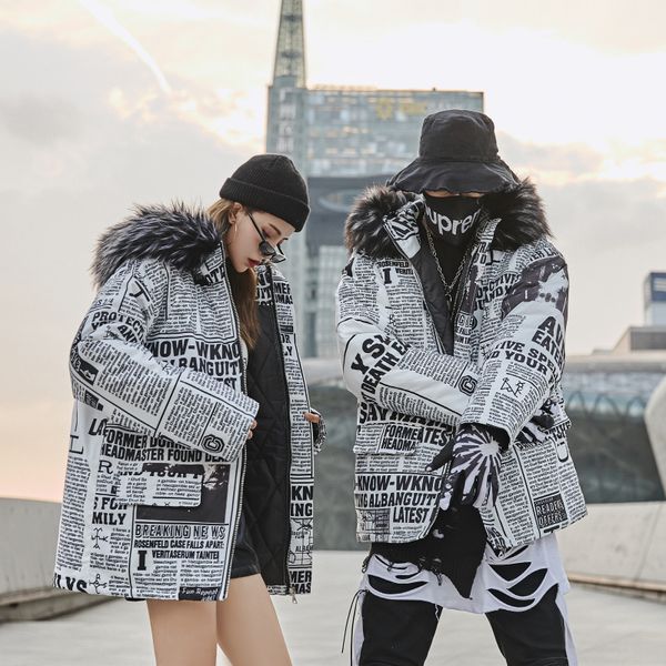 mens winter coat fashionable newspaper print jacket for men's big fur collar couple warm cotton clothes casual clothes men, Black
mens winter coat fashionable newspaper print jacket for men's big fur collar couple warm cotton clothes casual clothes men, Black