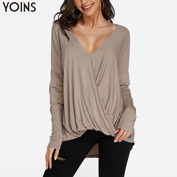 

ladies solid and blouses yoins 2019 spring casual asymmetrical hem long sleeve v neck pullover shirts blusas femininas, White