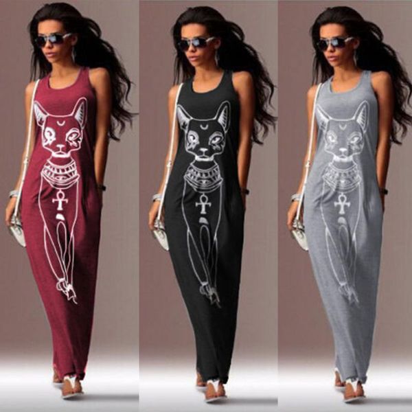 1026-autumn cat printed sleeveless gray long dress, Black;gray