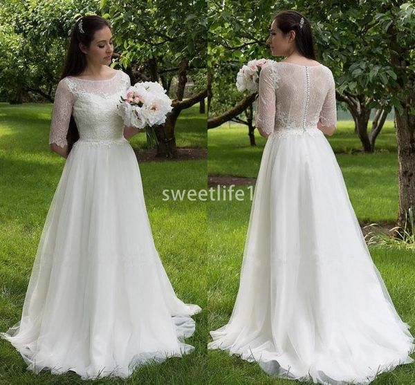 2020 boho 1/2 long sleeve wedding dresses crew neck lace a line sweep train garden bridal gown for fall winter, White
2020 boho 1/2 long sleeve wedding dresses crew neck lace a line sweep train garden bridal gown for fall winter, White
