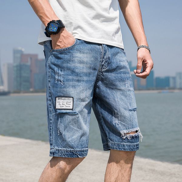 men's jeans men blue denim shorts holes short summer knee length straight loose