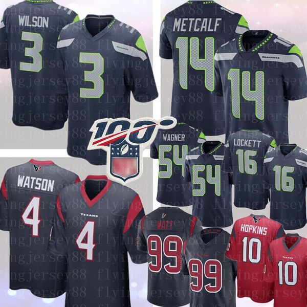 

seattle&#13seahawk 3 russell wilson 14 dk metcalf jersey 4 deshaun watson houston texan 99 j.j. watt deandre hopkins bobby wagner, Black;red