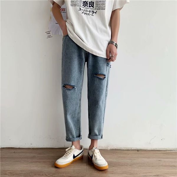 men's jeans wholesale 2021 ripped trousers cut korean style straight cropped spring summer thin youth loose trend, Blue
men's jeans wholesale 2021 ripped trousers cut korean style straight cropped spring summer thin youth loose trend, Blue