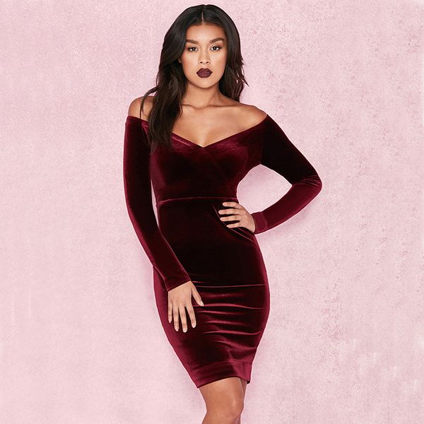 casual dresses female winter red wine long sleeve v neck midi 2021 women fashion off shoulder party wear wholesale, Black;gray