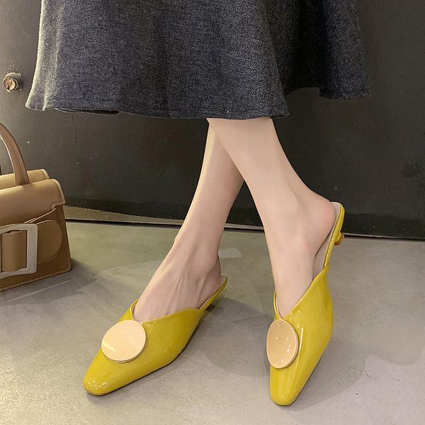 slippers trendy patent leather high heel women summer shoes pointed toe med mules outdoor sandals slides 2021, Black 
slippers trendy patent leather high heel women summer shoes pointed toe med mules outdoor sandals slides 2021, Black