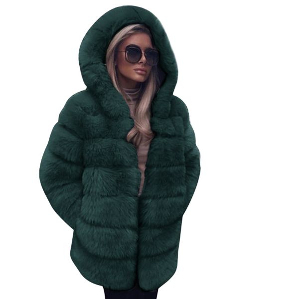 

klv 3xl coat women fashion luxury faux fur coat long sleeve hooded autumn winter warm green pink long overcoat plus size z1126, Black