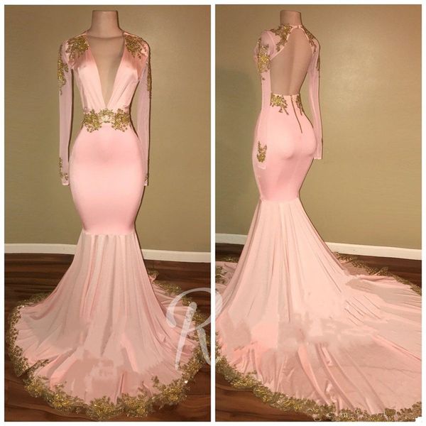 2019 new pink deep v neck satin mermaid prom dresses long sleeves gold lace applique beaded backless formal party prom evening dress, Black
2019 new pink deep v neck satin mermaid prom dresses long sleeves gold lace applique beaded backless formal party prom evening dress, Black