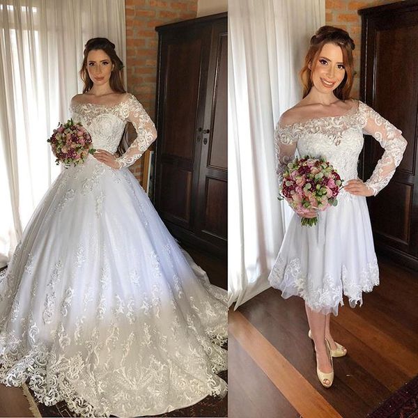 two pieces detachable removable skirt wedding dresses long sleeve off shoulder a line lace bridal gowns customize plus size, White
two pieces detachable removable skirt wedding dresses long sleeve off shoulder a line lace bridal gowns customize plus size, White
