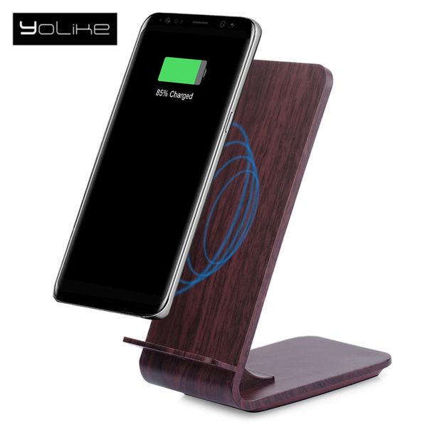 

yolike a8 10w wood grain qi wireless charger stand dual coil with led indicator light for iphone 8 / 8 plus / x