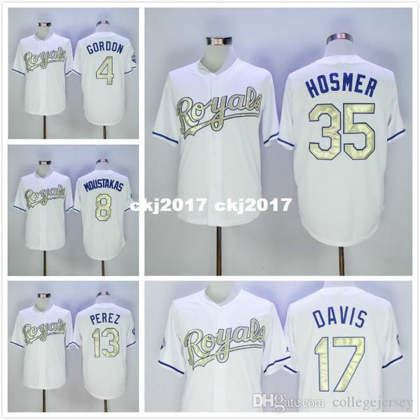 35 eric hosmer 25 kendrys morales 4 alex gordon white gold jersey, Blue;black