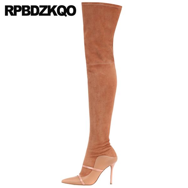 

high heel pointed toe big size brown stiletto shoes fetish plus over the knee suede slim thigh women boots extreme tall crotch, Black