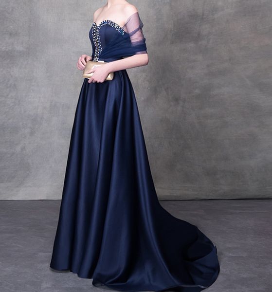 navy blue long evening dresses with wrap satin sweep train prom dress satin with beads sequins lace-up back, Black;red
navy blue long evening dresses with wrap satin sweep train prom dress satin with beads sequins lace-up back, Black;red