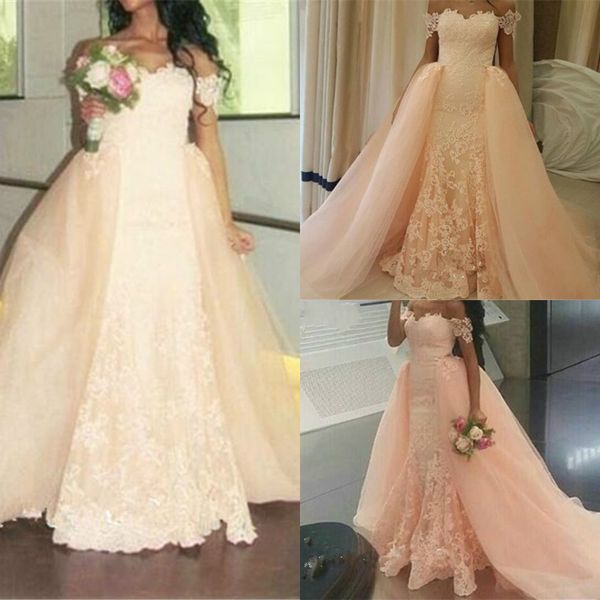 unique peach off shoulders wedding dresses detachable skrit lace appliques short sleeve sheath modest country garden reception gowns 2019, White
unique peach off shoulders wedding dresses detachable skrit lace appliques short sleeve sheath modest country garden reception gowns 2019, White