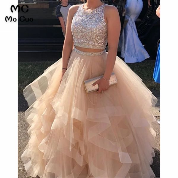 two pieces gown ball prom dresses long with crystals beaded sleeveless tulle evening dress formal long women prom gown, White;black
two pieces gown ball prom dresses long with crystals beaded sleeveless tulle evening dress formal long women prom gown, White;black