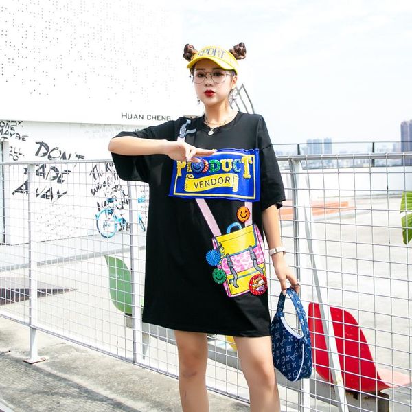 women high street cartoon patches t-shirt plus size loose long tees round neck casual short sleeve, White
women high street cartoon patches t-shirt plus size loose long tees round neck casual short sleeve, White