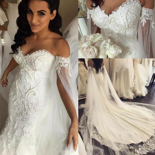 designer full lace mermaid wedding dresses with cape sleeve off shoulder lace appliques pearls bridal gowns open back wedding dress, White
designer full lace mermaid wedding dresses with cape sleeve off shoulder lace appliques pearls bridal gowns open back wedding dress, White