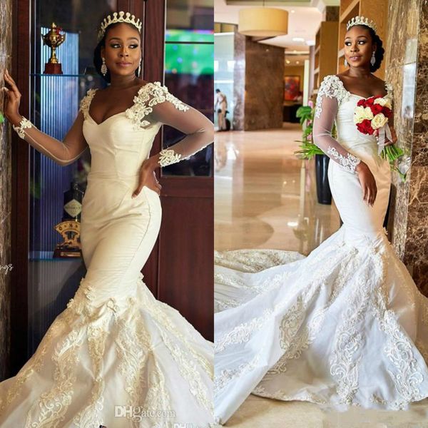 2019 african mermaid plus size wedding dresses v neck bridal dress long sleeves vintage chapel train wedding gowns, White
2019 african mermaid plus size wedding dresses v neck bridal dress long sleeves vintage chapel train wedding gowns, White