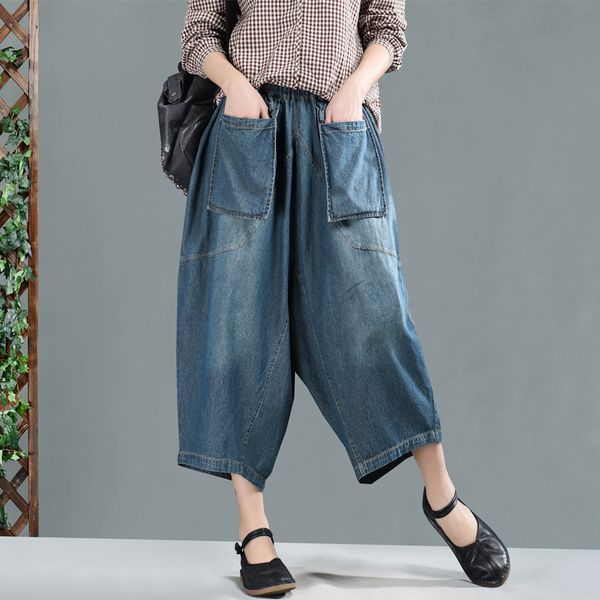 women loose vintage elastic waist denim trousers bleached big pockets cross-pants drop crotch jeans denim pants 2019 spring, Blue
women loose vintage elastic waist denim trousers bleached big pockets cross-pants drop crotch jeans denim pants 2019 spring, Blue