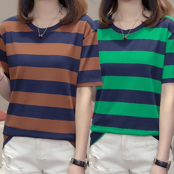 2019 striped upper t- clothes short-sleeved t-shirt female loose fat sister large size women's 200 jin base shirt, White
2019 striped upper t- clothes short-sleeved t-shirt female loose fat sister large size women's 200 jin base shirt, White