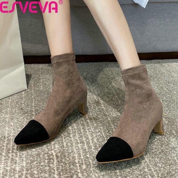 esveva 2020 square high heel autumn winter slip on women shoes fashion mixed color stretch flock elegant ankle boots size 34-43, Black
esveva 2020 square high heel autumn winter slip on women shoes fashion mixed color stretch flock elegant ankle boots size 34-43, Black