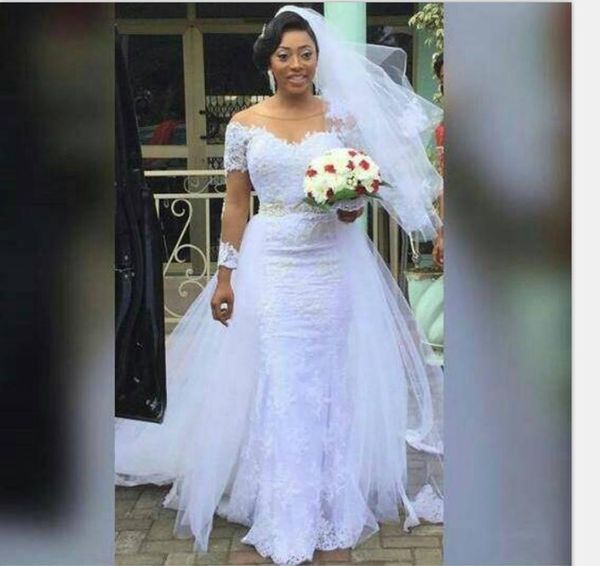 2019 mermaid wedding dress with detachable skirt lace applique tulle long sleeve bridal wedding gowns vintage sheer neck vestidos dress, White
2019 mermaid wedding dress with detachable skirt lace applique tulle long sleeve bridal wedding gowns vintage sheer neck vestidos dress, White