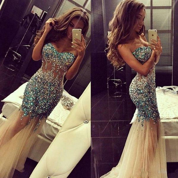Sparkly Artificial Rhinestones Major Beading Mermaid Prom Dresses Sweetheart Champagne Tulle Illusion Bodice Long Mermaid Evening Gowns
Sparkly Artificial Rhinestones Major Beading Mermaid Prom Dresses Sweetheart Champagne Tulle Illusion Bodice Long Mermaid Evening Gowns